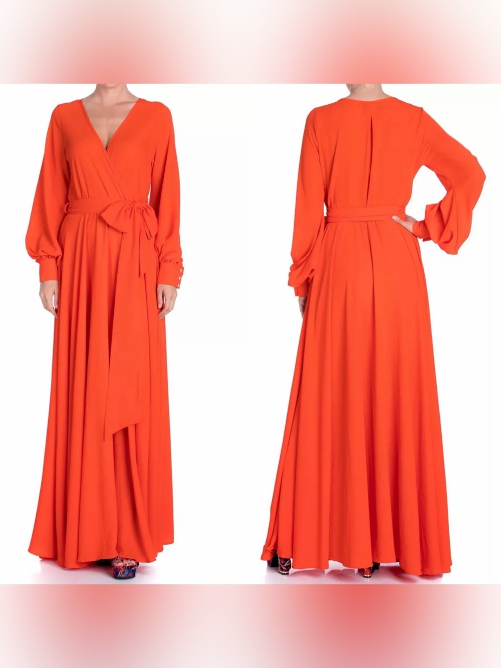 Meghan LA Lilypad Surplice V‑Neck Belted Long Sleeve Maxi Dress in Flame Red